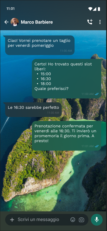 Chat WhatsApp - esempio prenotazione con Marco Barbiere